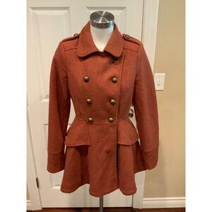 Hazel Rust Orange Wool Blend Peplum Double Breasted Coat, Size S